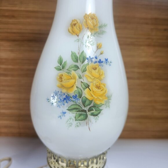 Hurricane Lamp Vintage Electric White Milk Glass Floral Tabletop or Bedside Lamp - Picture 2 of 10